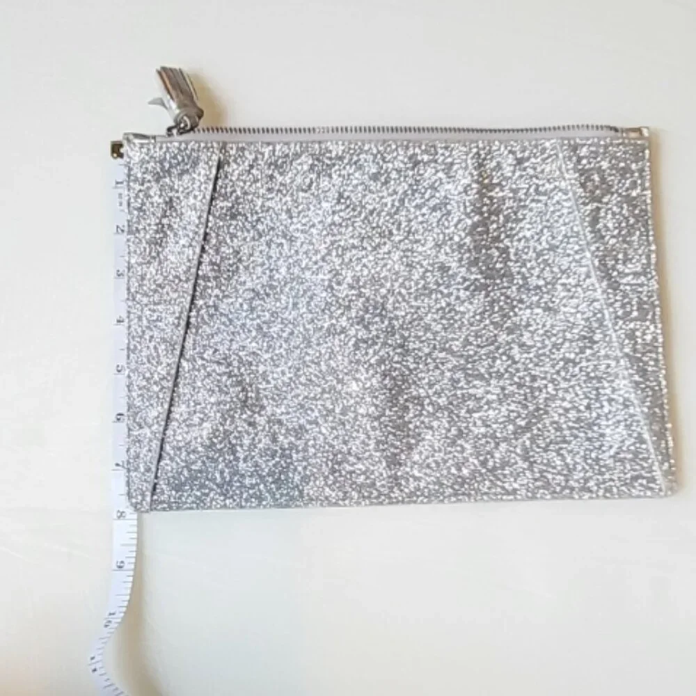 Neely & Chloe Silver Glitter Flat Clutch Pouch Organizer Zipper Sparkly Gift